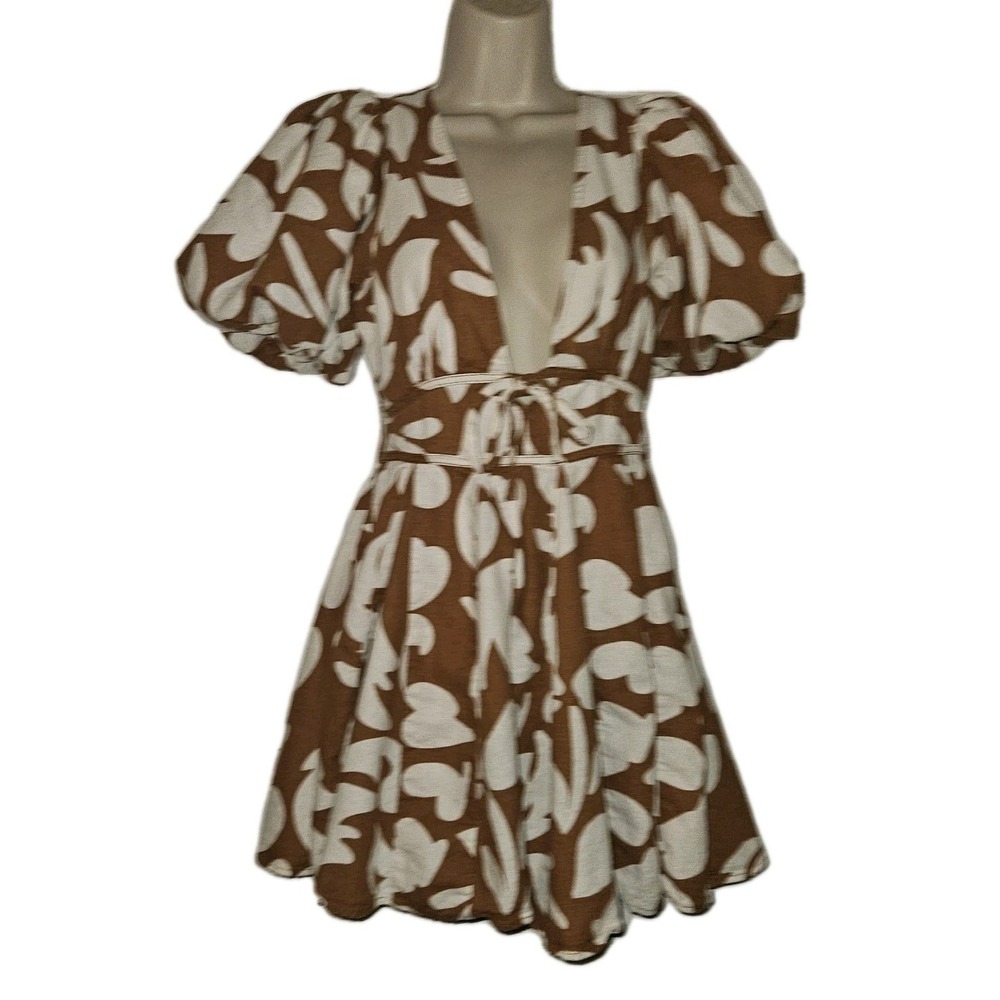 House of Harlow‎ 1960 Womens Size 4 Brown Linen Floral Print Mini Dress Retro
